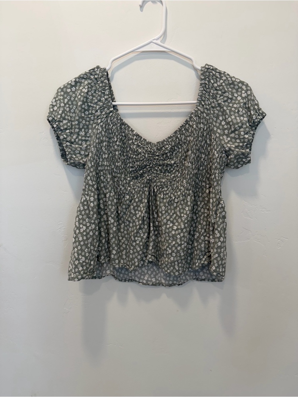 La Hearts Olive Green Floral Smocked Peasant Top